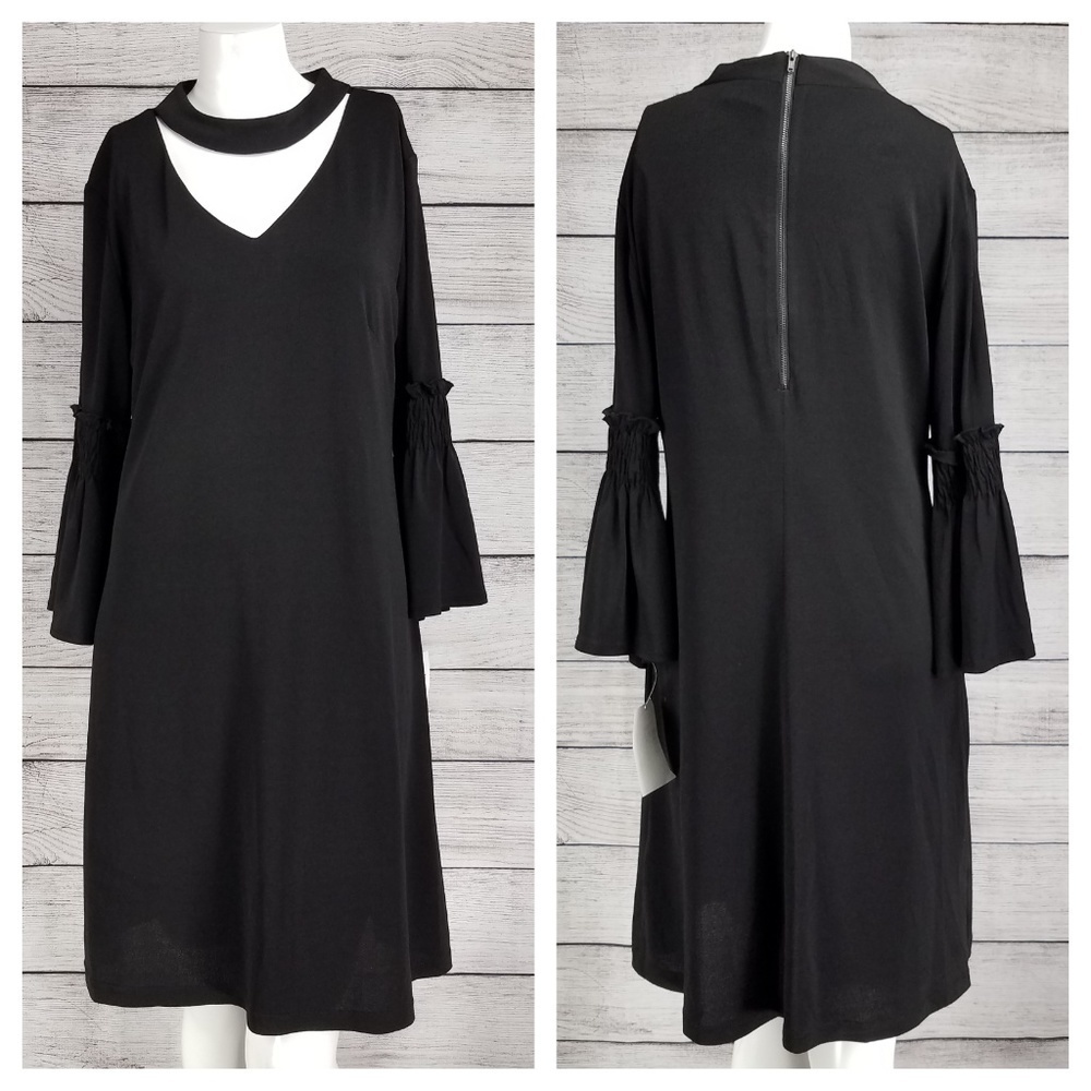 NWT Gabby Skye Size 10 Black Sheath Choker Dress Bell Sleeves